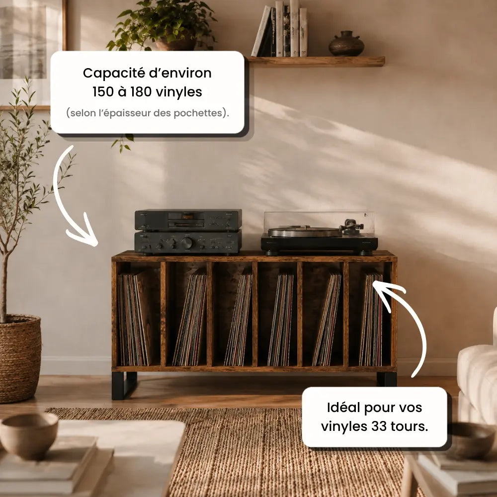 Meuble pour disques vinyles et platine en bois couleur chêne fumé