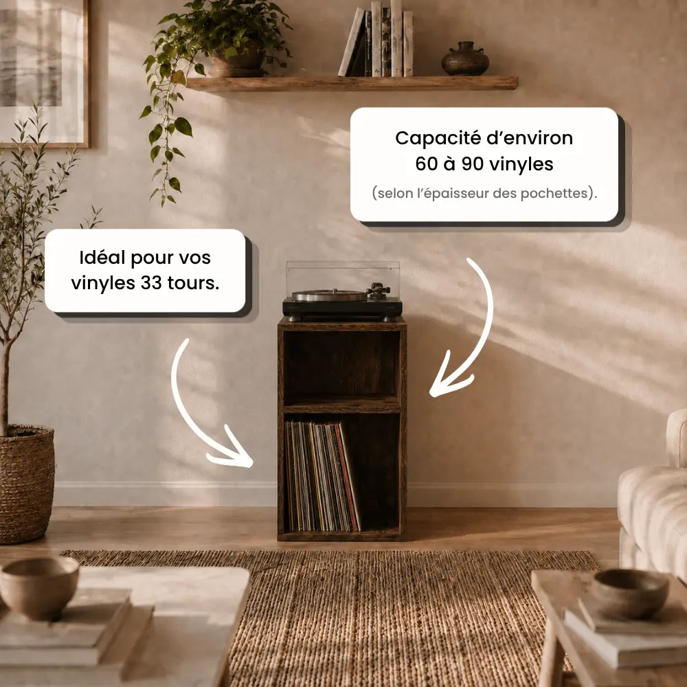 Meuble de rangement pour disques vinyles et platine en bois foncé