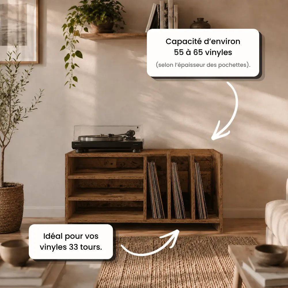 meuble pour disques vinyles et platine couleur bois ancien