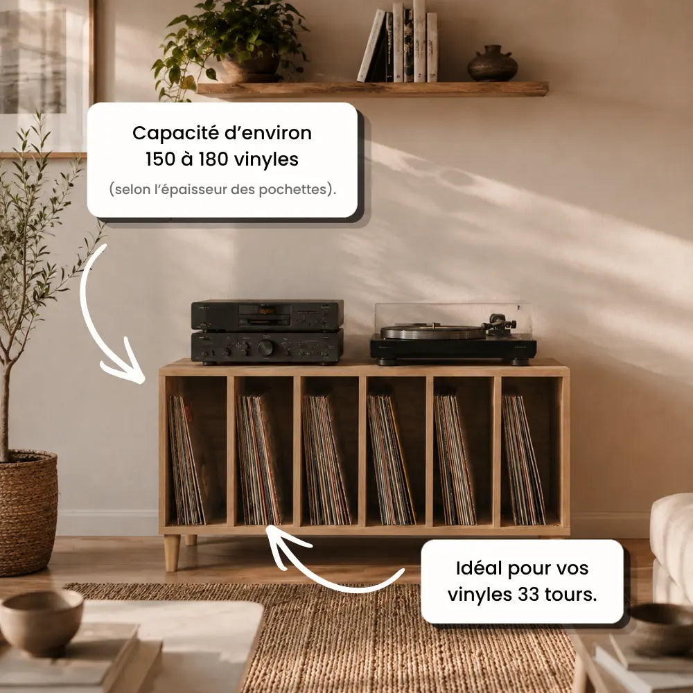 Meuble vinyle en bois couleur chêne artisanal grand format