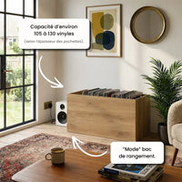 Bac de rangement pour disques vinyles en bois couleur chêne artisanal