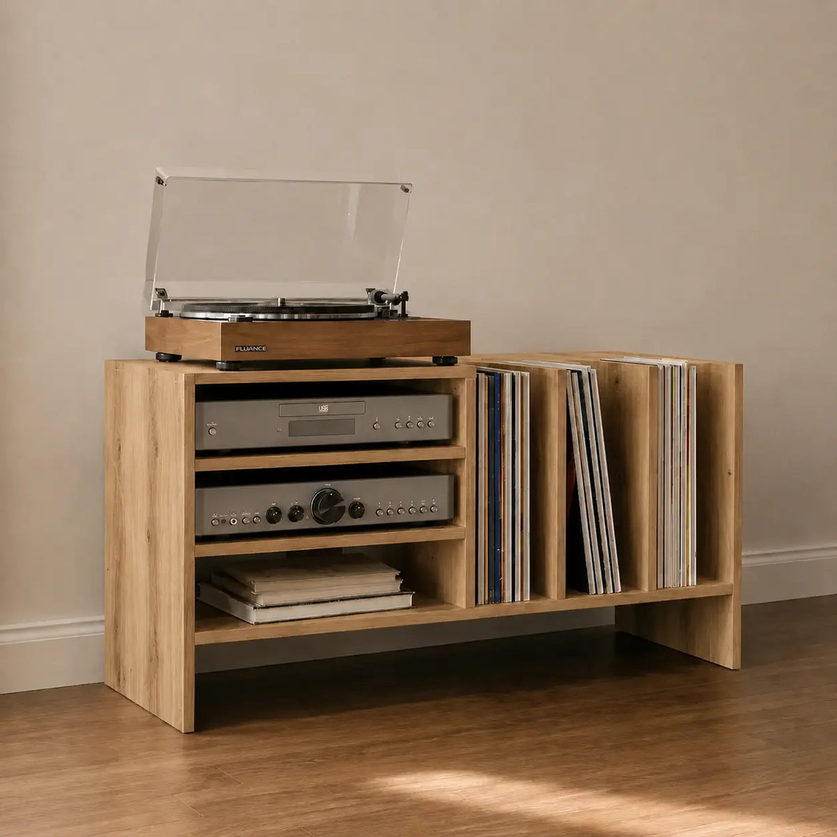 Meuble vinyle en bois pour platine couleur chêne artisanal