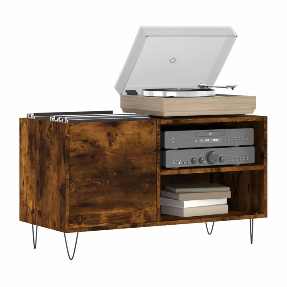 Meuble vinyle en bois foncé pour rangement disques vinyles