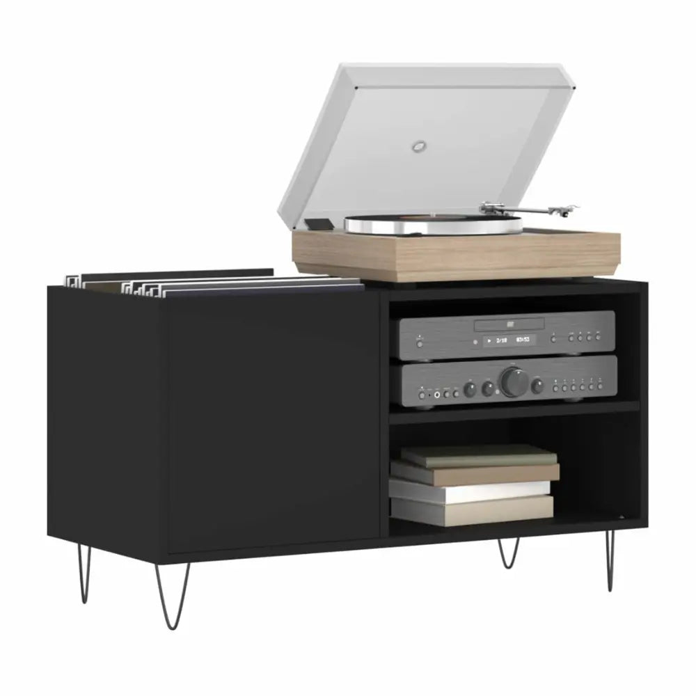 meuble de rangement pour vinyles et support platine en bois noir