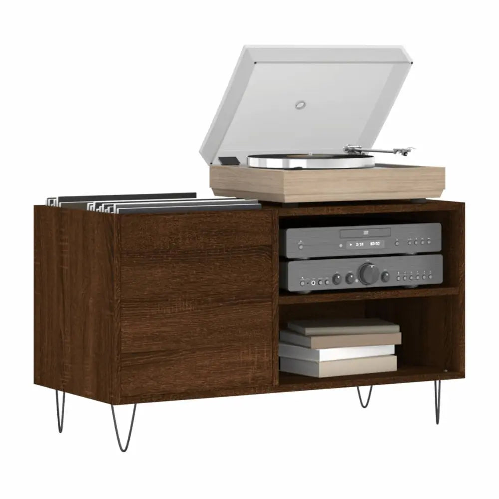 Meuble de rangement pour disques vinyles et platine couleur bois foncé