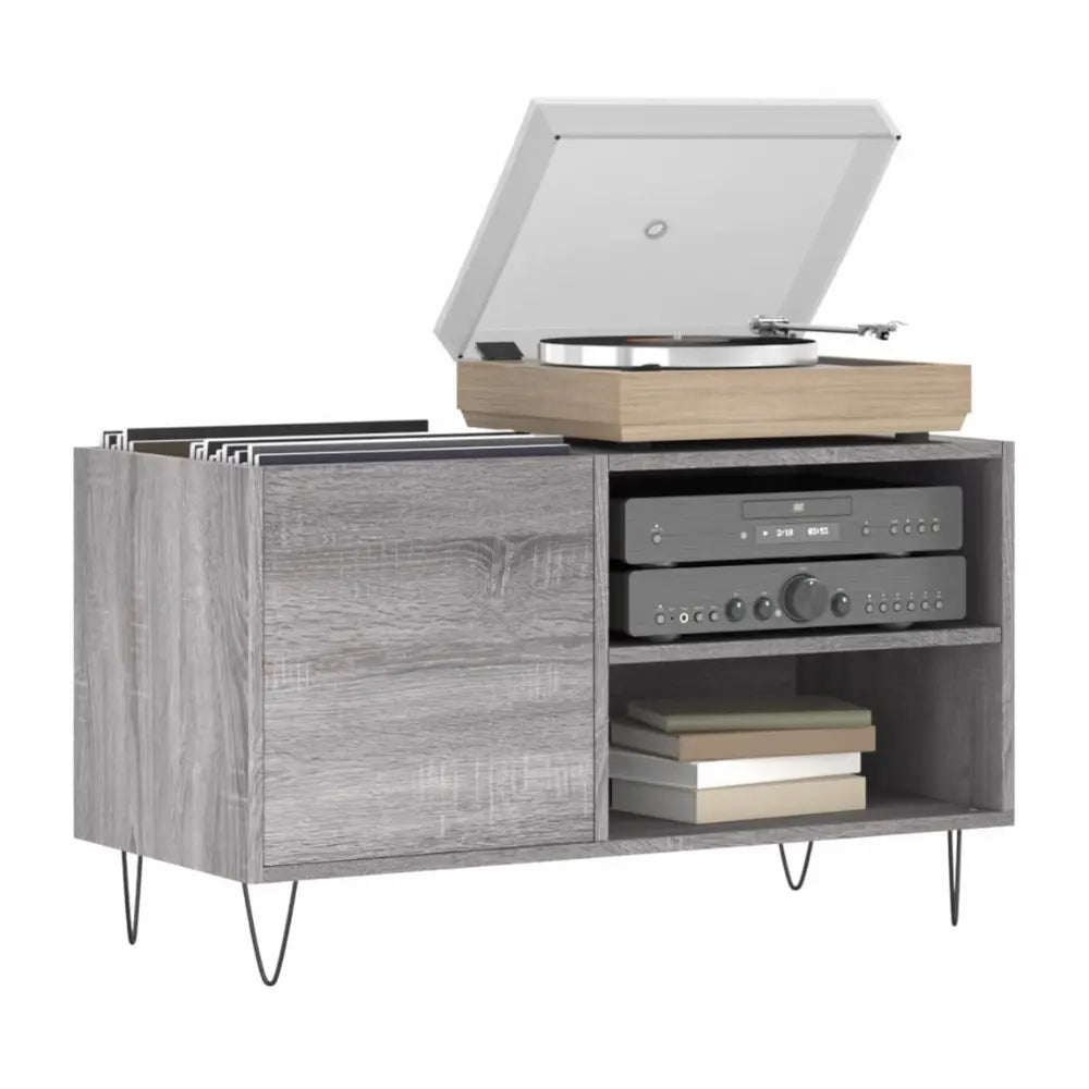 Meuble de rangement pour disques vinyles et platine en bois couleur gris