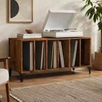 meuble vinyle en bois foncé pour platine