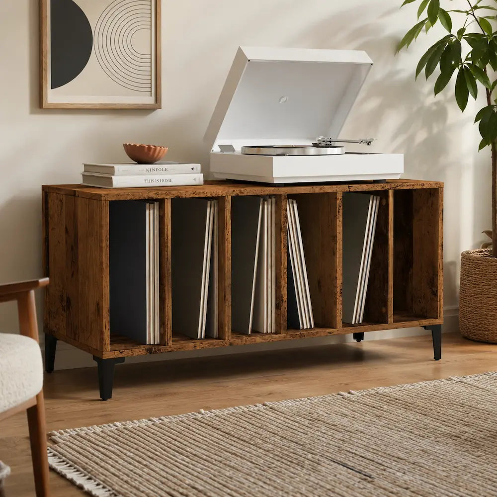 meuble vinyle en bois foncé pour platine Image