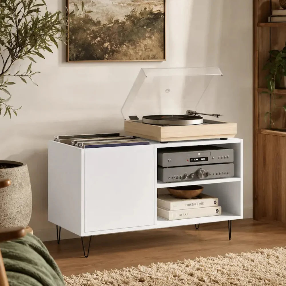 meuble pour platine et vinyles en bois couleur blanc Image