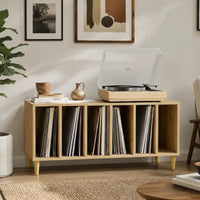 meuble vinyle en bois clair avec support platine