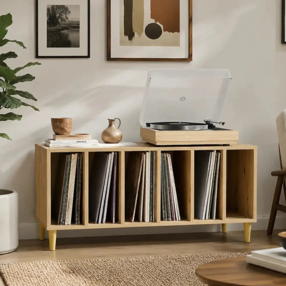 meuble vinyle en bois clair avec support platine