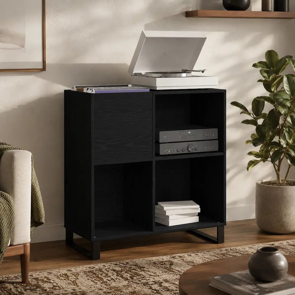 meuble pour vinyles et platine couleur chêne noir bois Image