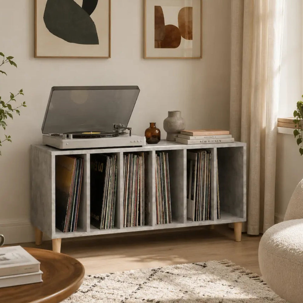 Meuble pour disques vinyles en bois couleur gris béton style industriel