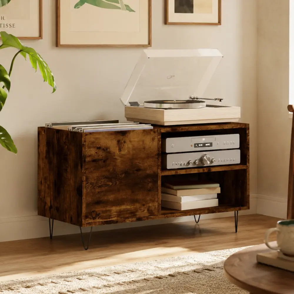 Meuble pour platine et disques vinyles couleur bois foncé