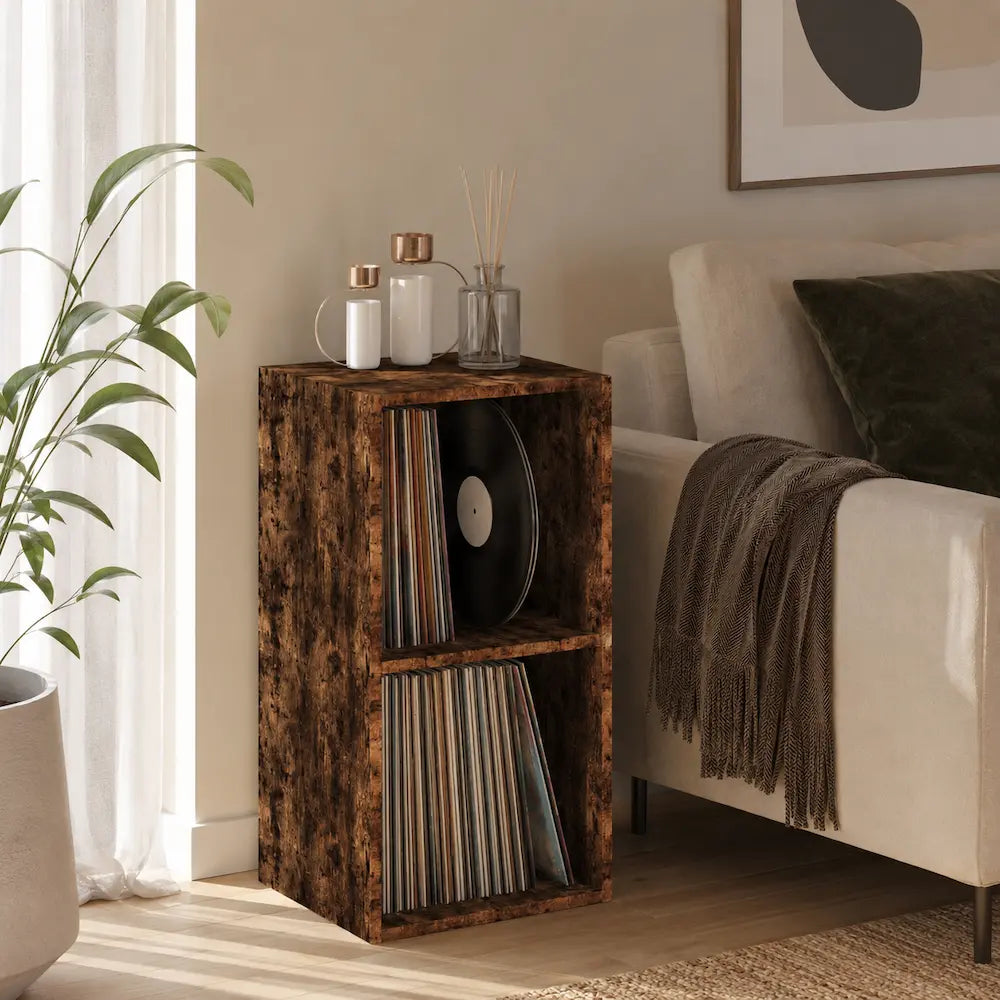 meuble vinyle étagère bois foncé