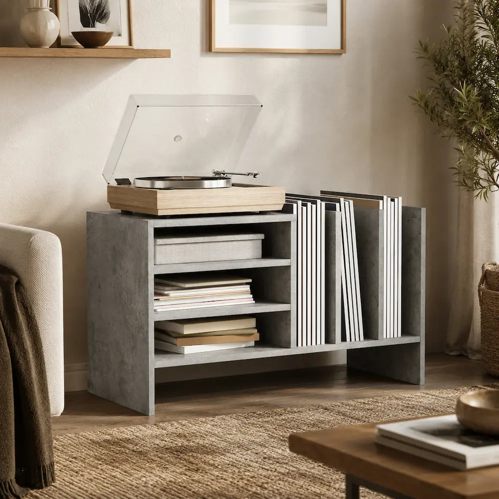 meuble en bois pour disques vinyles couleur gris béton Image