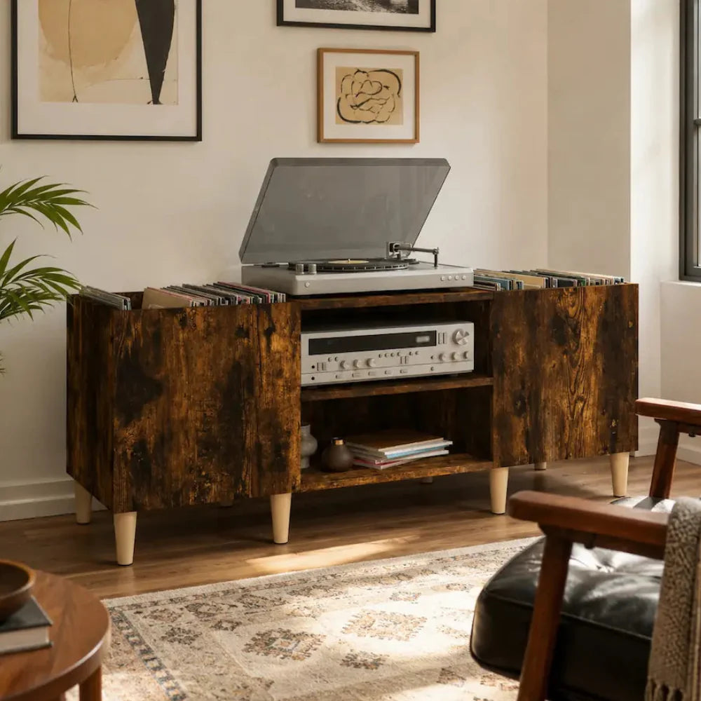 Meuble pour platine et disques vinyles en bois couleur fumé Image