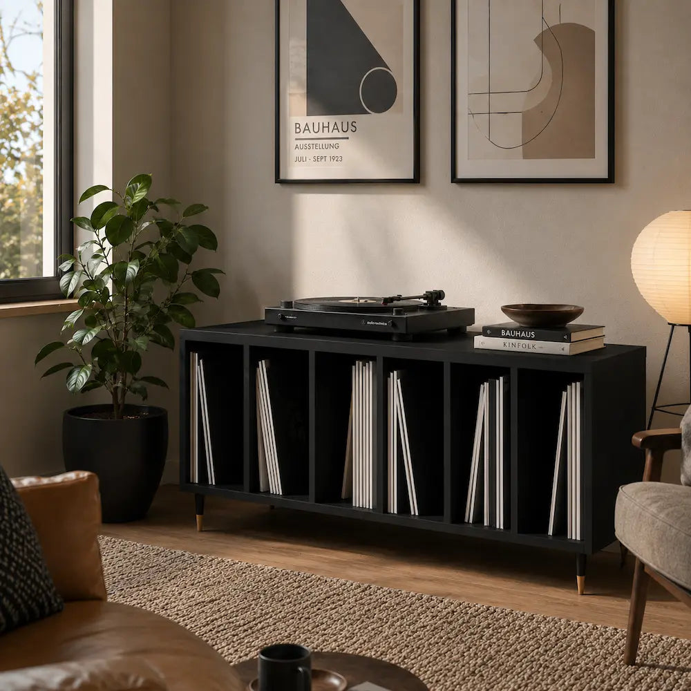 Meuble pour platine et disques vinyles en bois couleur noir Image