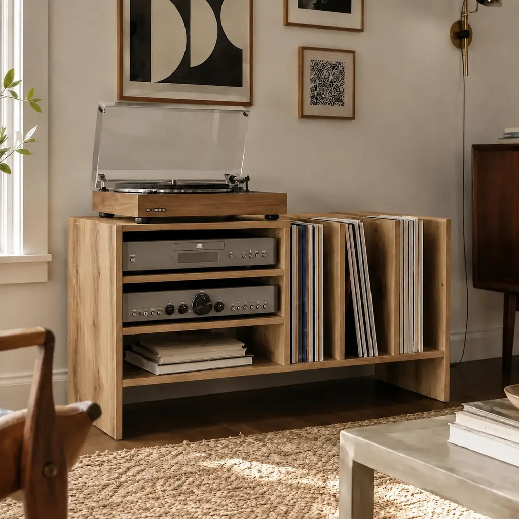 Meuble pour platine et disques vinyles en bois couleur chêne artisanal