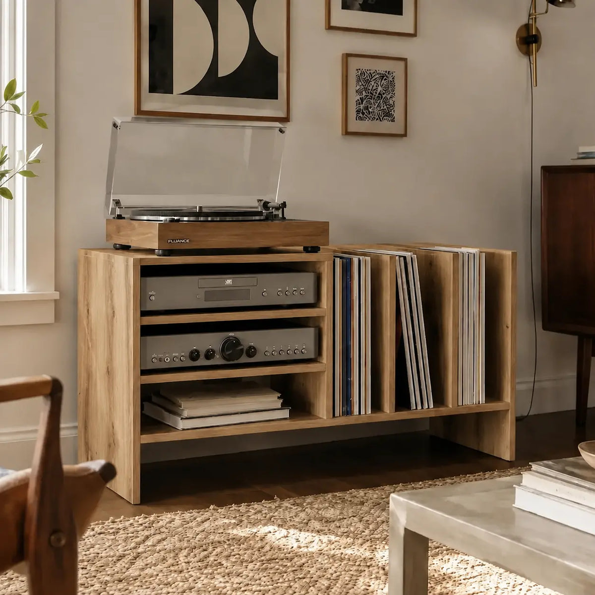 Meuble pour platine et disques vinyles en bois couleur chêne artisanal