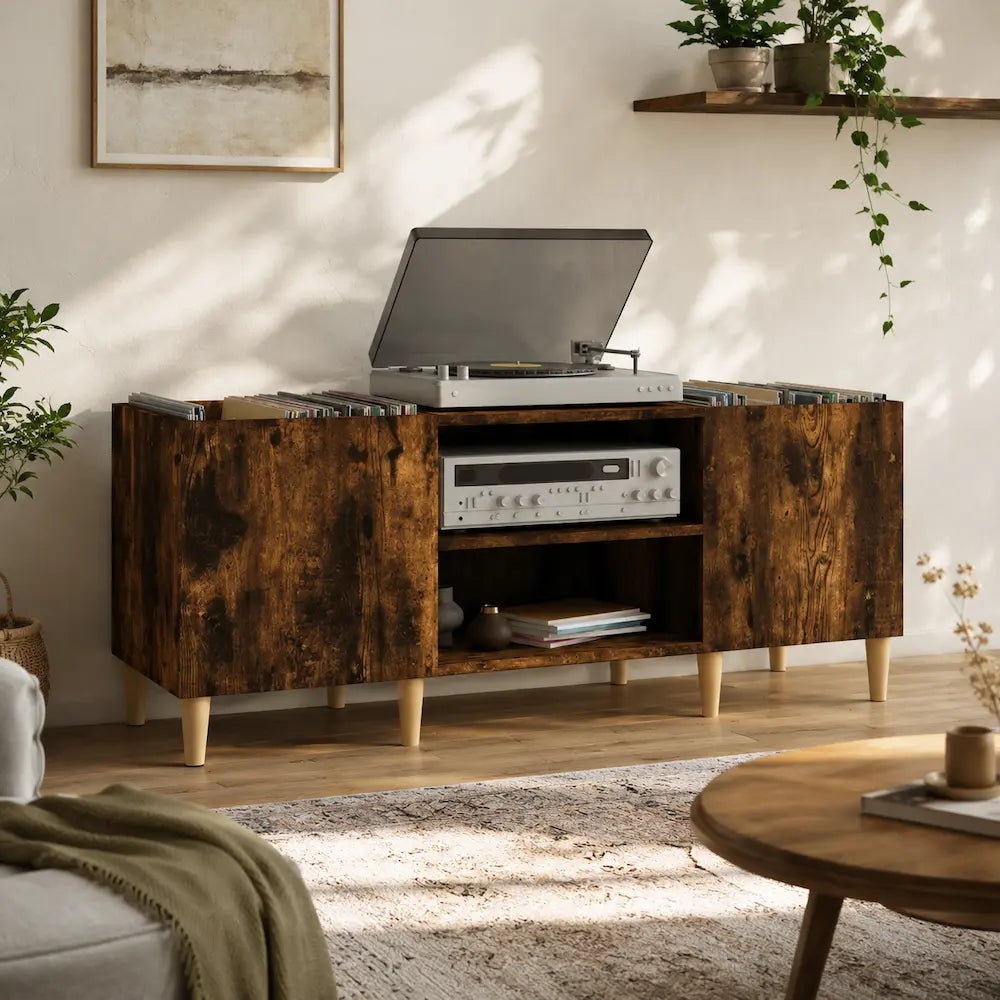 Meuble Vinyle pour Platine Chêne Fumé 121 cm Pieds Bois | Fumio