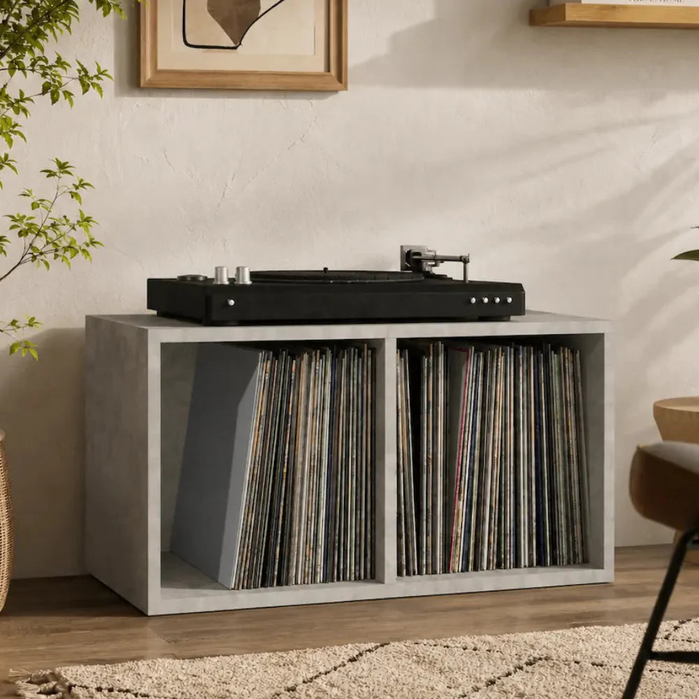 Meuble pour vinyles en bois couleur gris béton