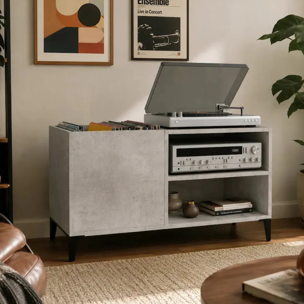 Meuble pour disques vinyles en bois gris au style industriel