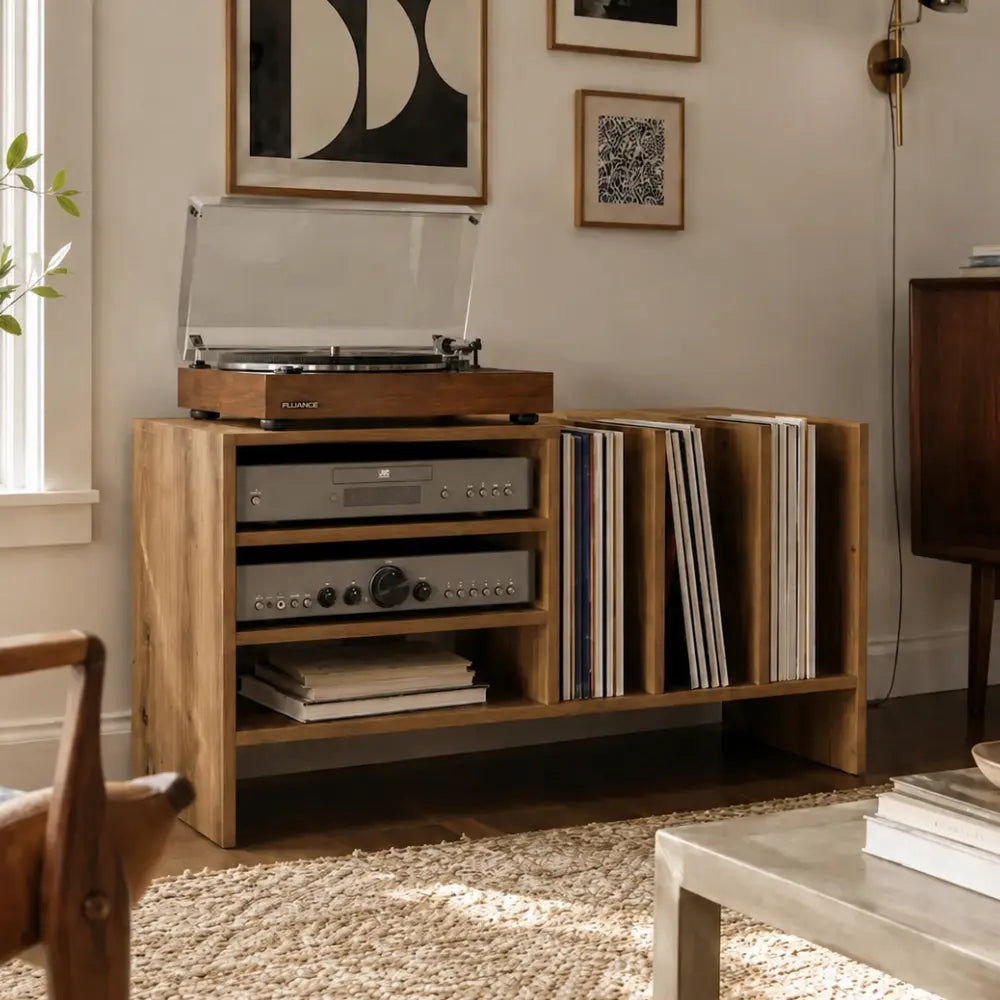Meuble pour platine et disques vinyles en bois couleur chêne artisanal Image