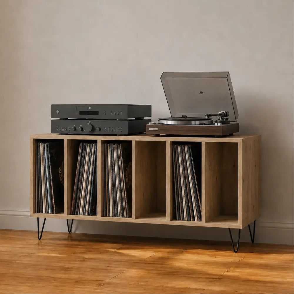 Meuble Vinyle pour Platine Chêne Artisanal 100 cm Pieds Métal | Metra