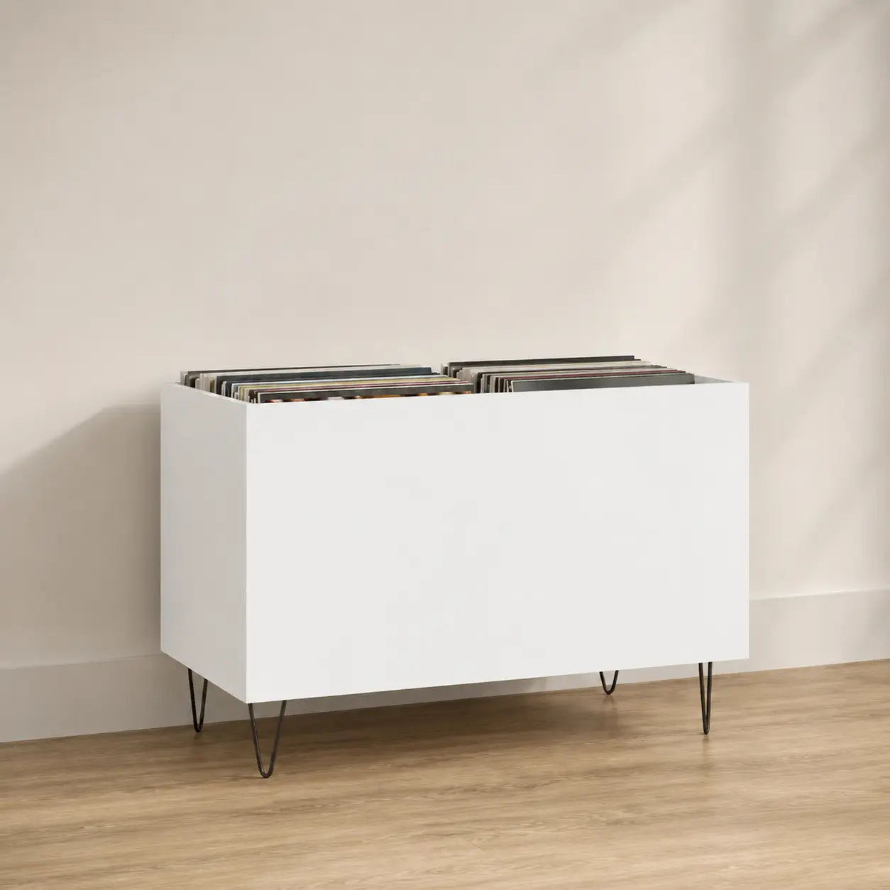 bac de rangement pour disques vinyles en bois couleur blanc mate
