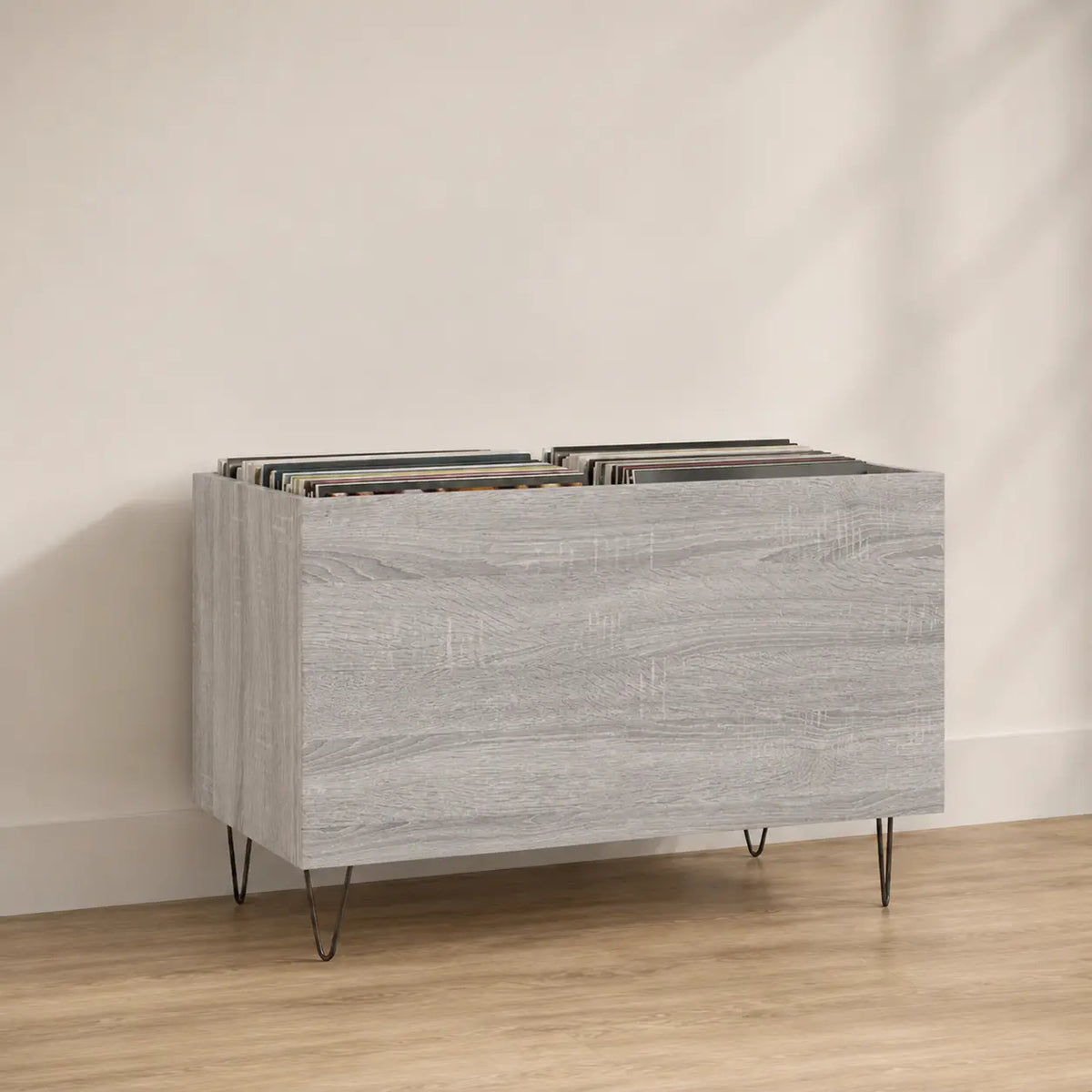 Bac de rangement pour disques vinyles en bois couleur gris sonoma