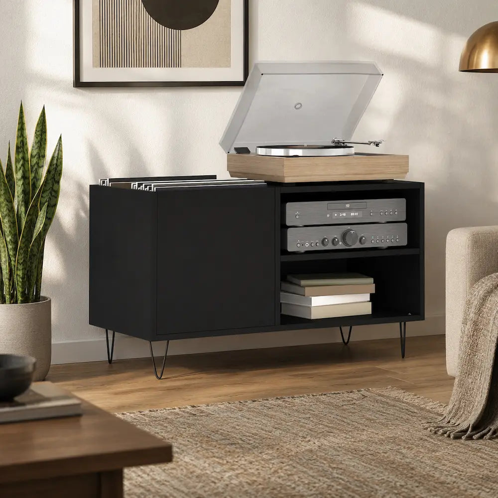 meuble pour platine et vinyles en bois couleur noir Image