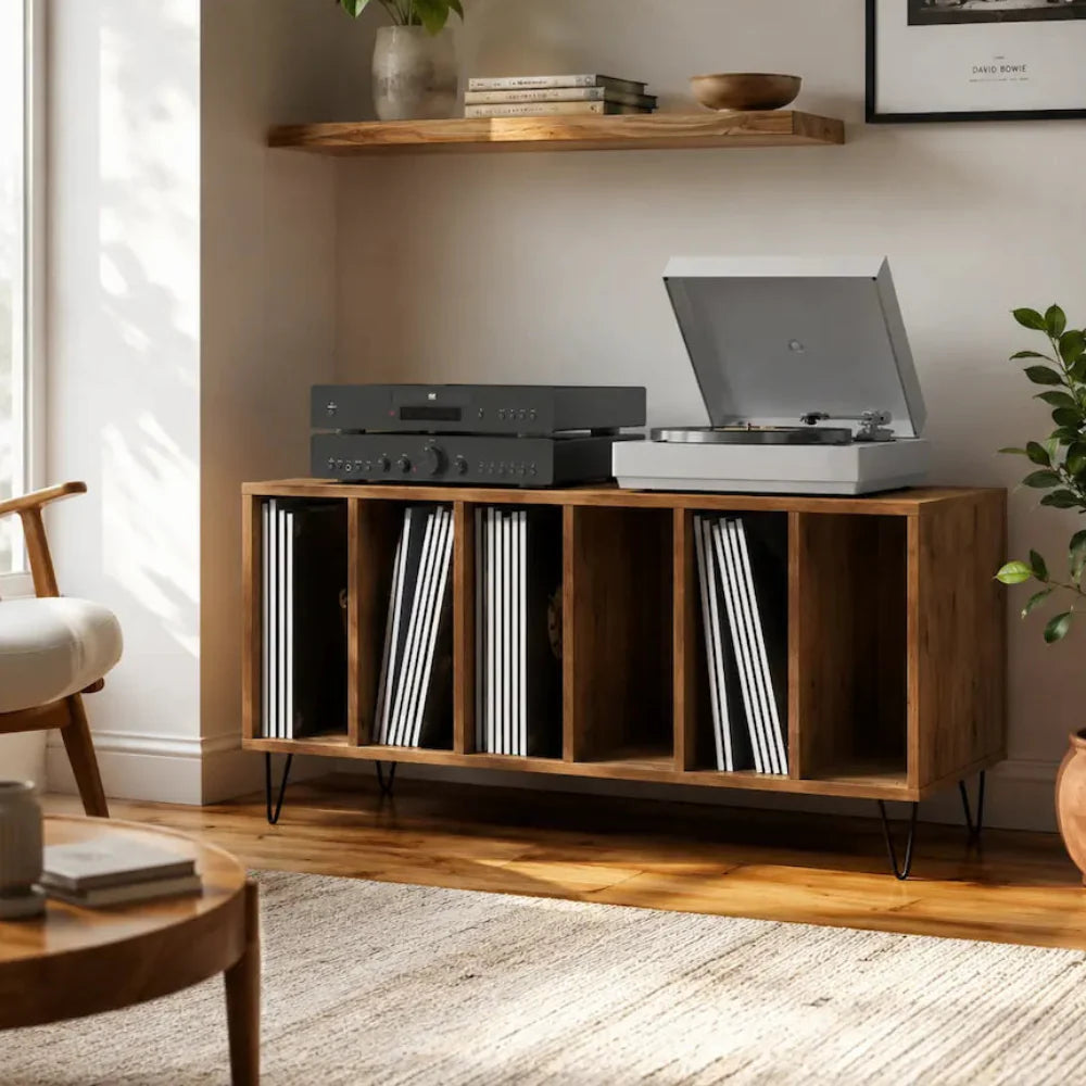 meuble vinyle en bois clair vintage Image