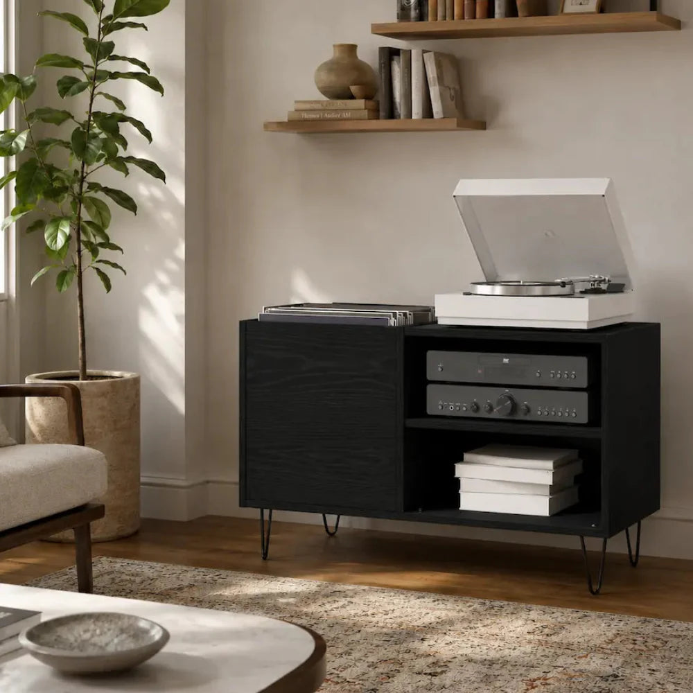 meuble pour platine vinyles en bois noir Image