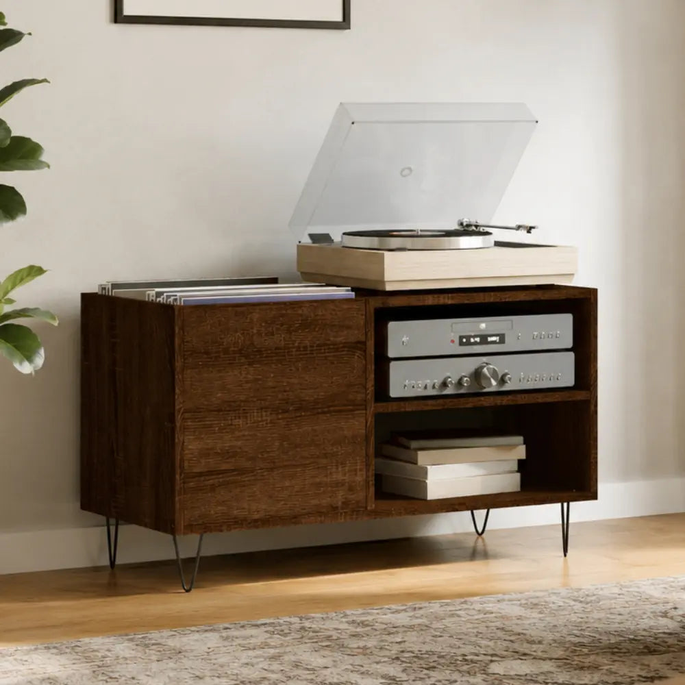 Meuble pour platine et disque vinyles en bois foncé Image