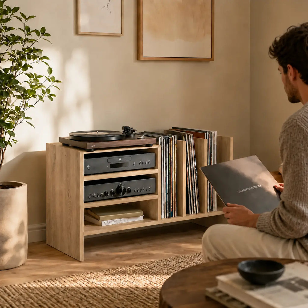 Meuble pour platine et disques vinyles couleur bois clair