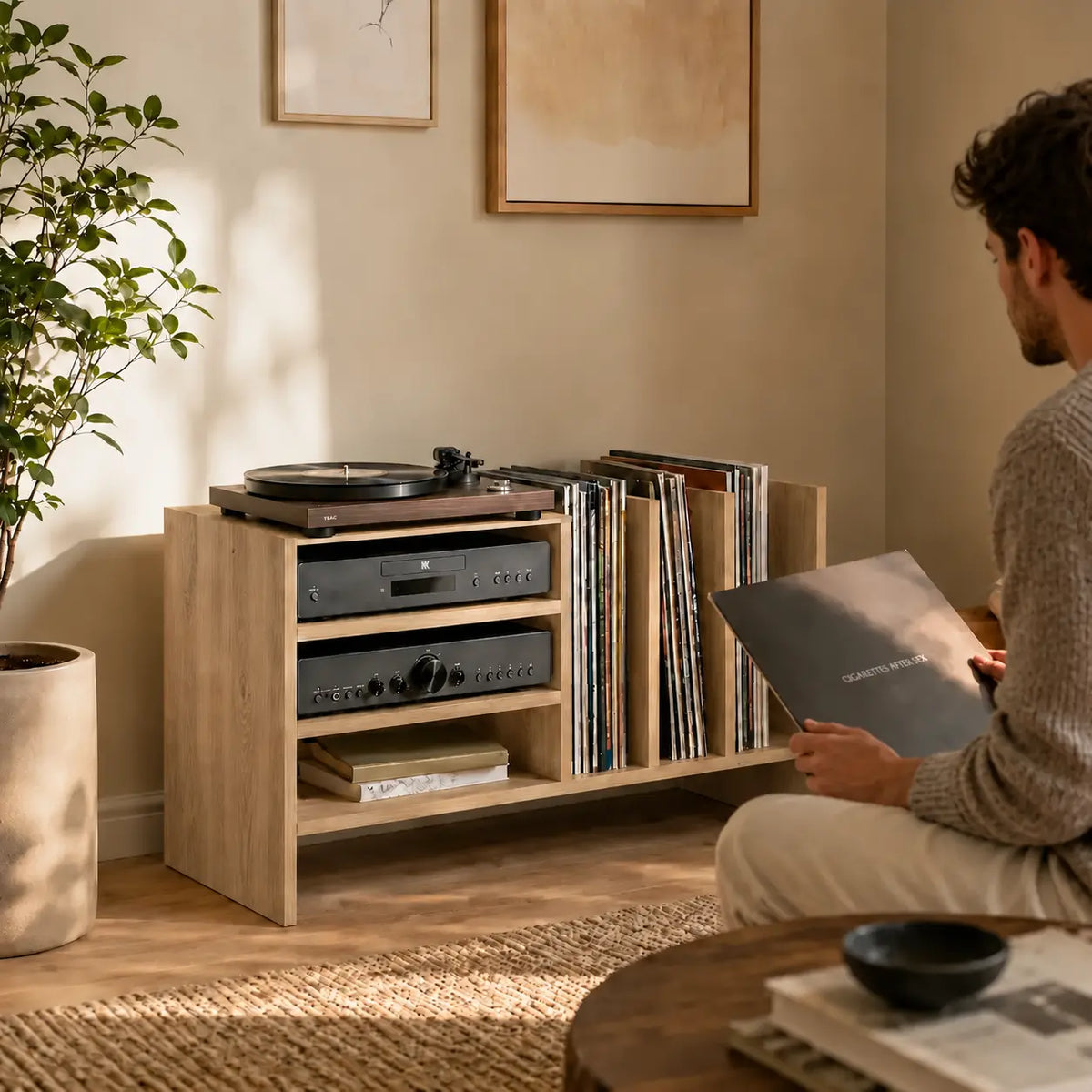 Meuble pour platine et disques vinyles couleur bois clair