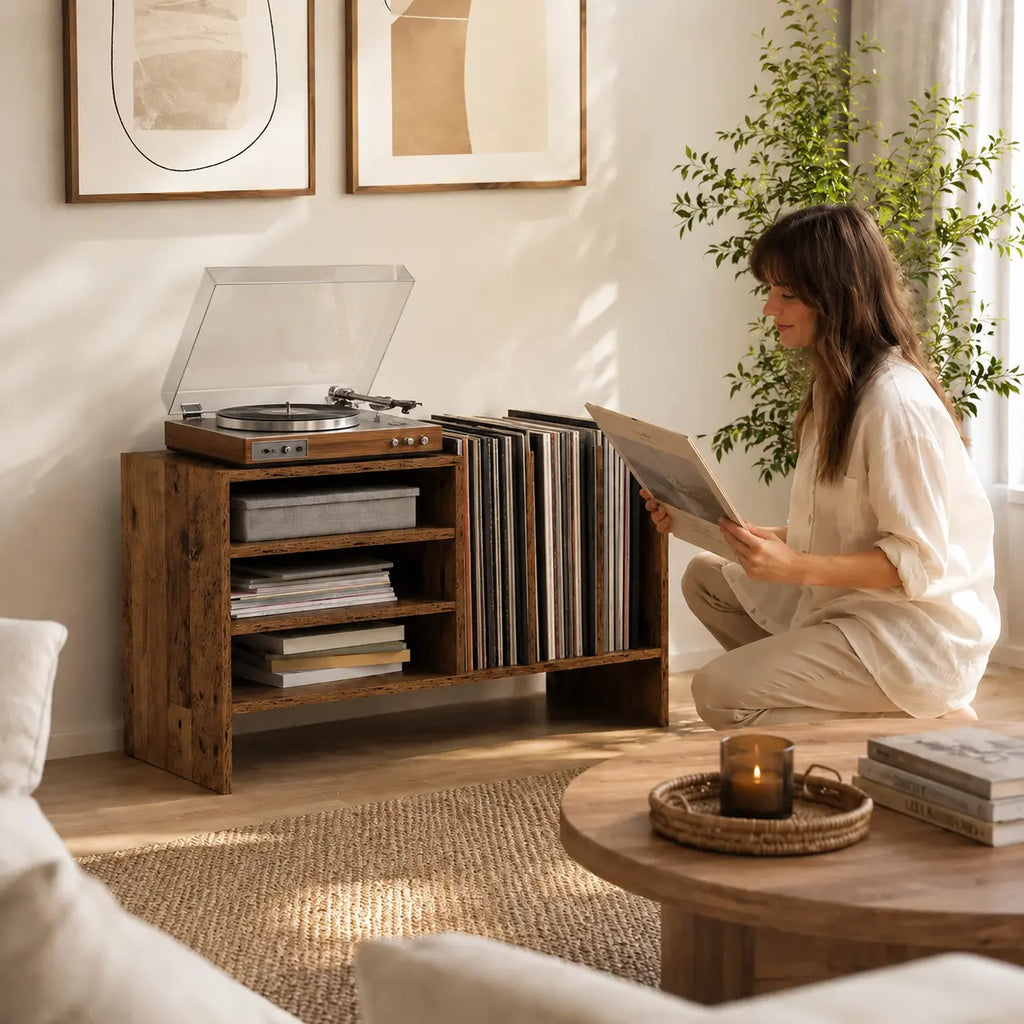 meuble pour disques vinyles et platine couleur bois ancien