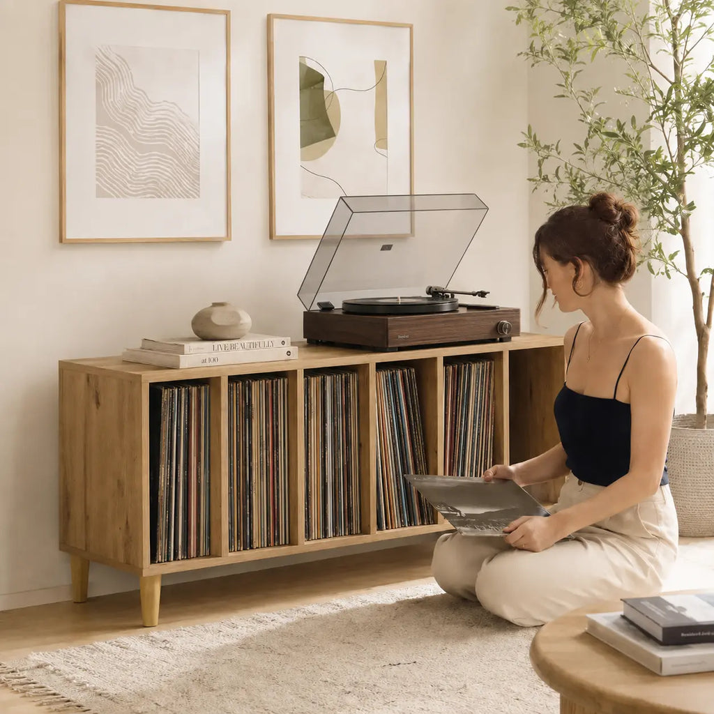 Grand meuble vinyle et platine en bois couleur chêne