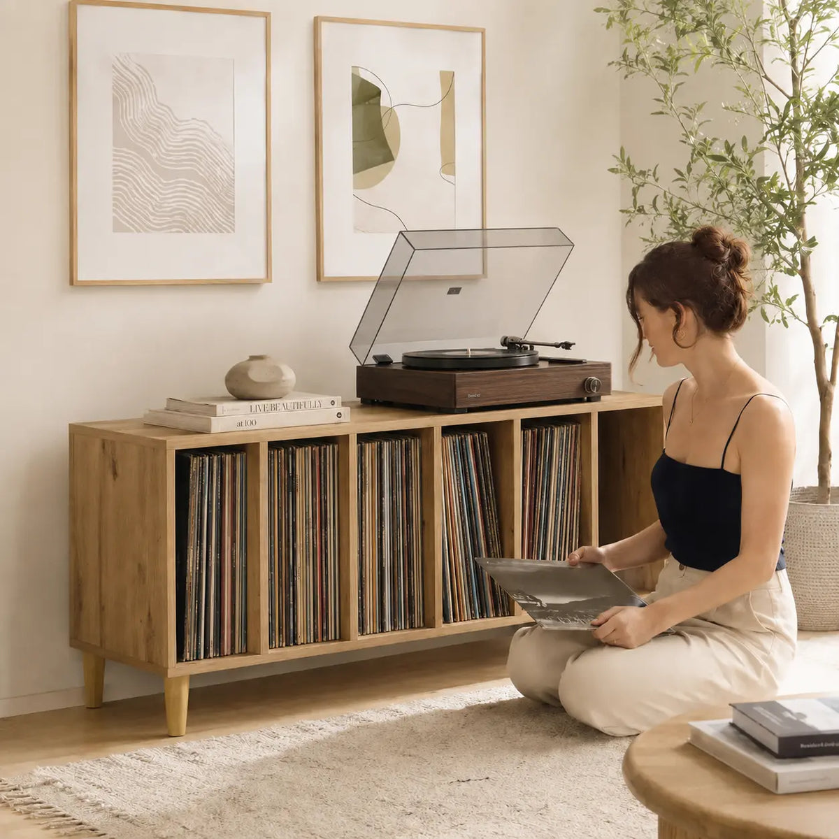 Grand meuble vinyle et platine en bois couleur chêne
