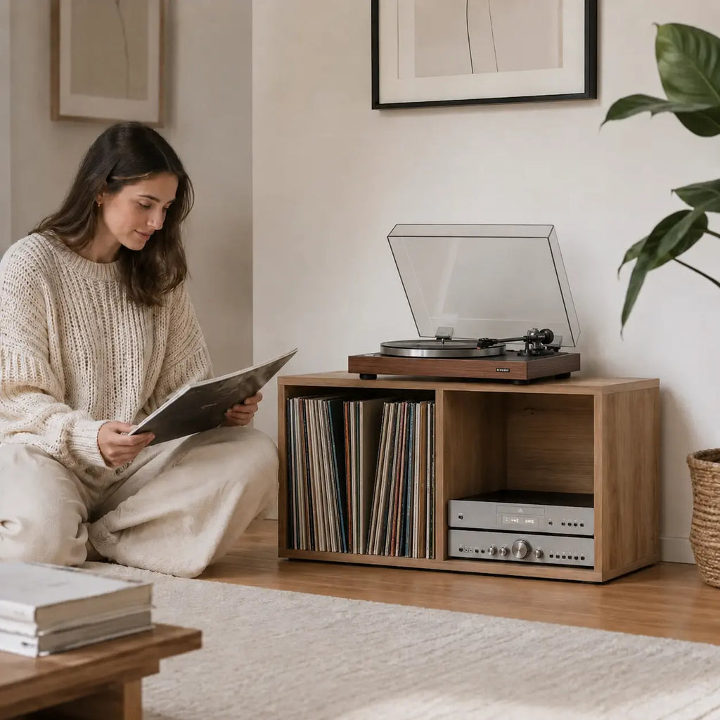 Meuble pour platine et disques vinyles couleur chêne artisanal