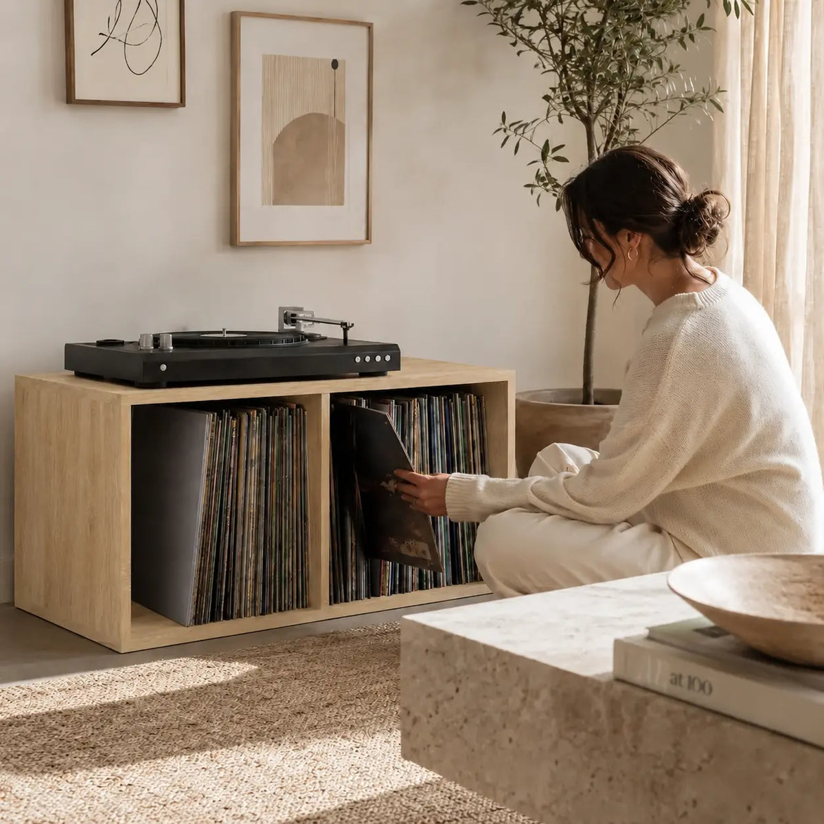 meuble pour platine et disques vinyles 33 tours en bois couleur chêne sonoma