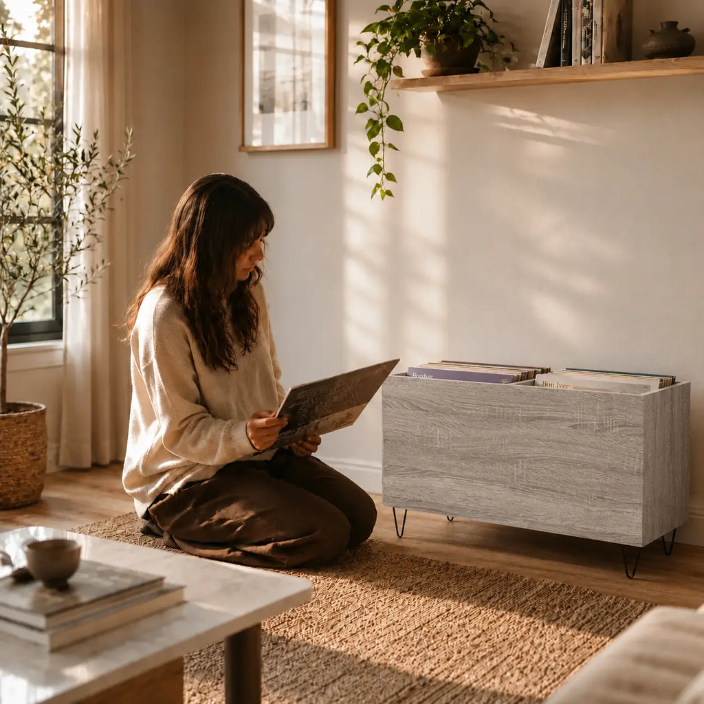 Meuble pour vinyles en bois couleur gris