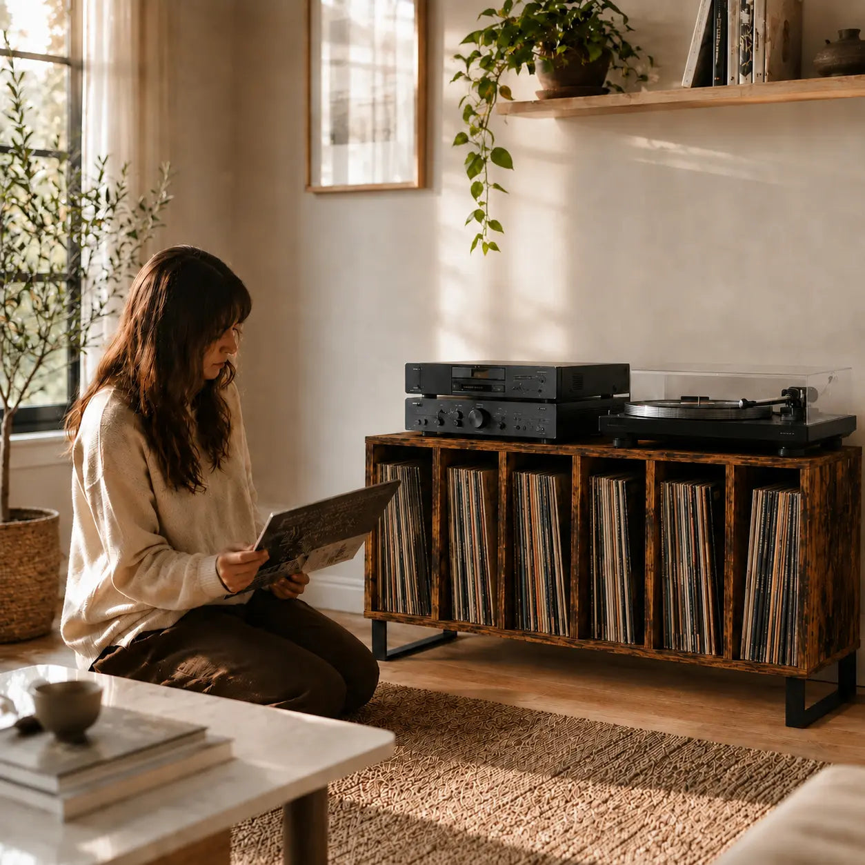 Meuble pour vinyles et platine en bois foncé Image