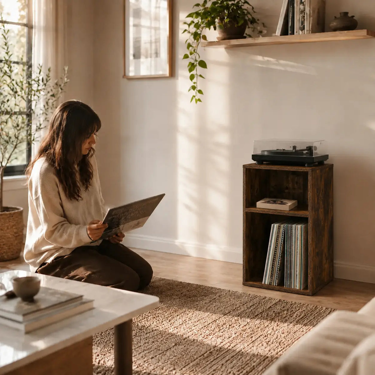 Meuble rangement vinyles et platine en bois