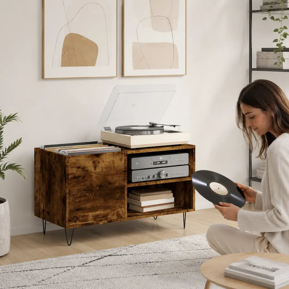 Meuble pour platine et disques vinyles couleur chêne fumé Image