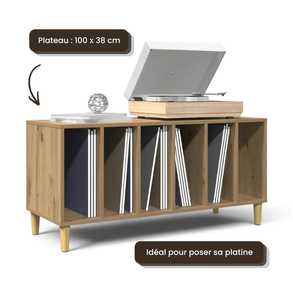 Meuble Vinyle pour Platine Chêne Artisanal 100 cm Pieds Bois | Orlan