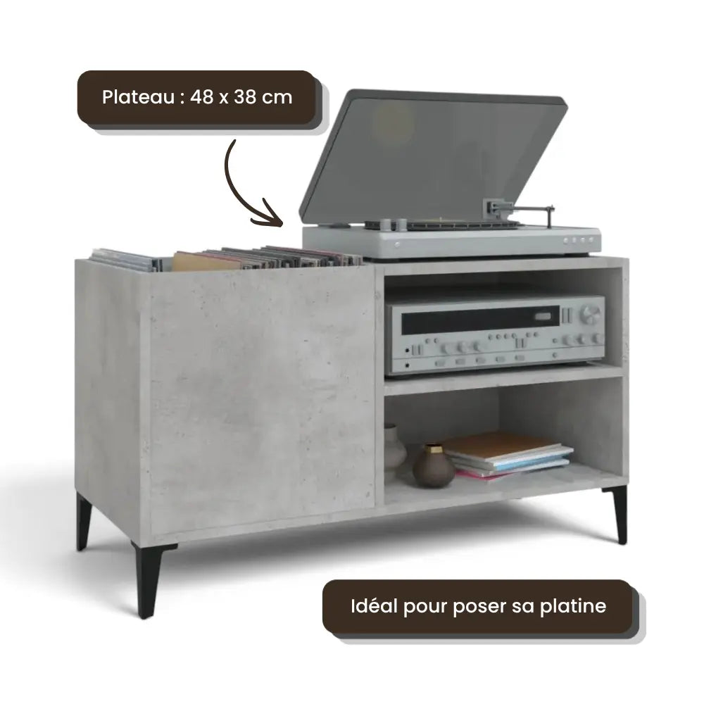 Meuble Vinyle pour Platine Gris Béton 84,5 cm | Cimen