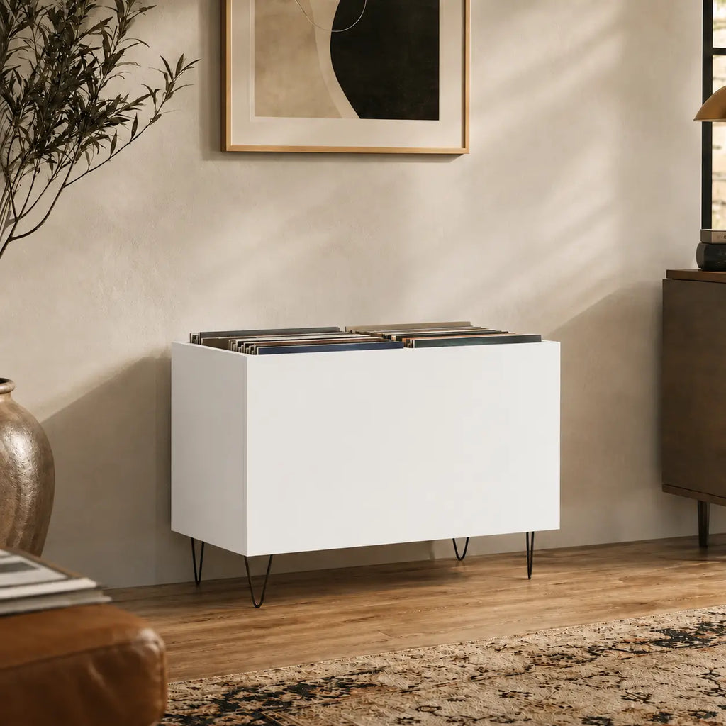Meuble de rangement pour disques vinyles en bois couleur blanc