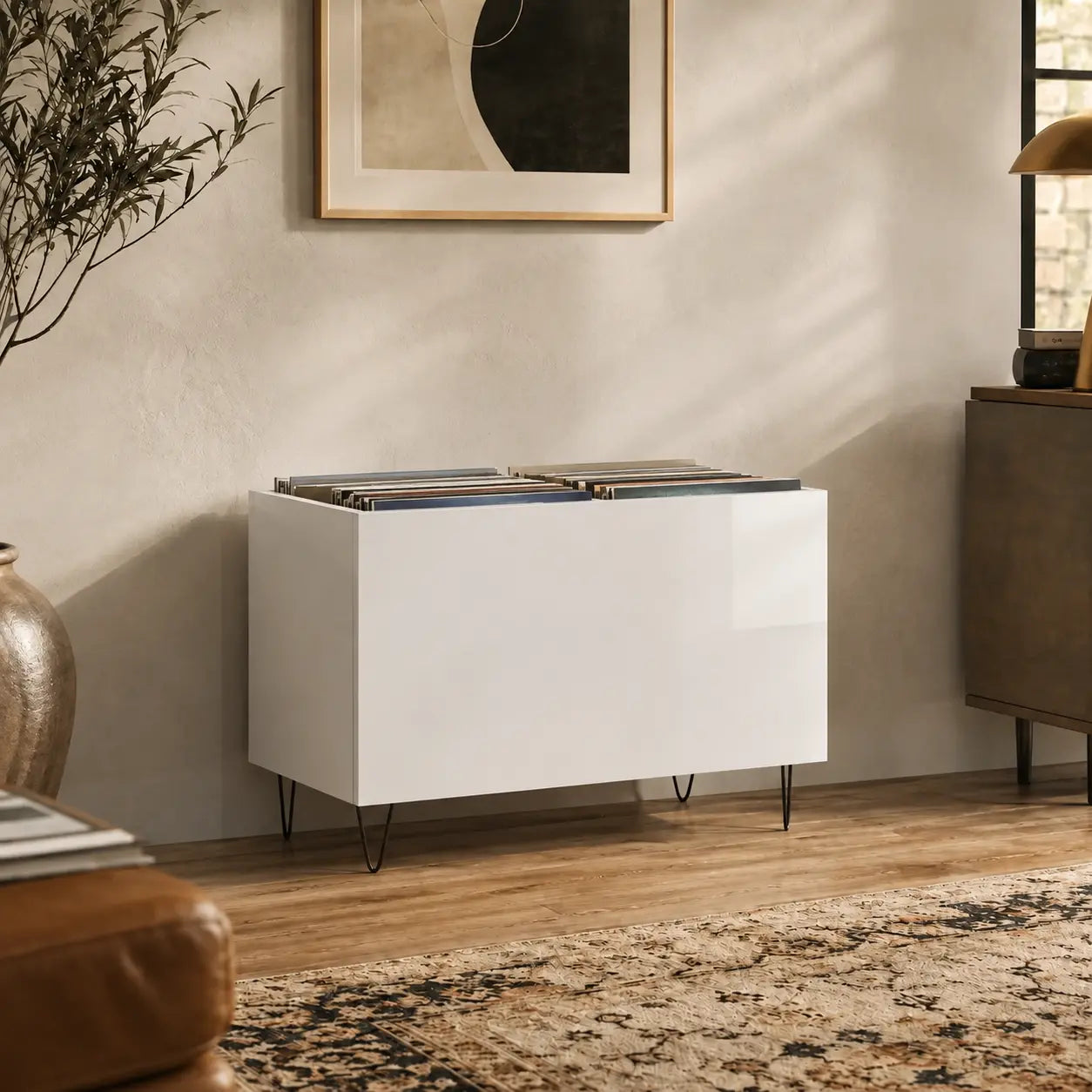 Bac de rangement pour disques vinyles en bois couleur blanc brillant Image